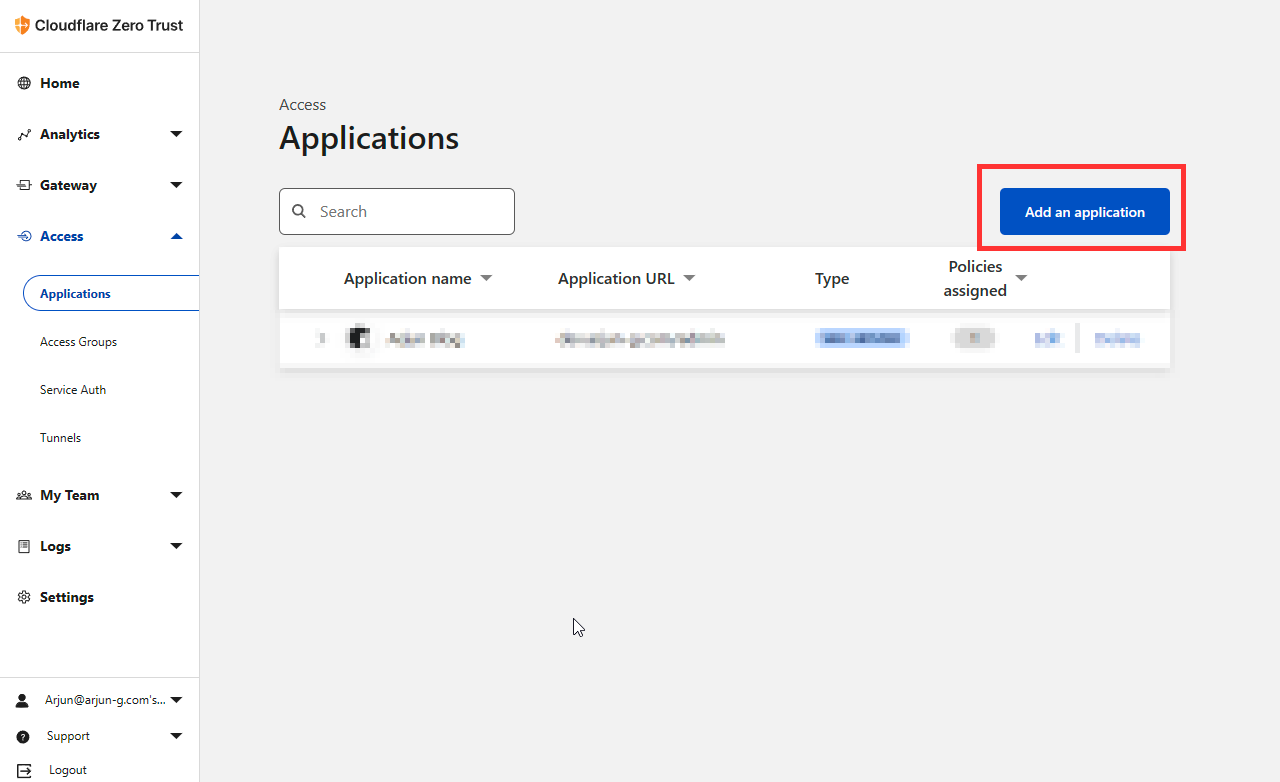 Create a application from Applications page in Cloudflare Access